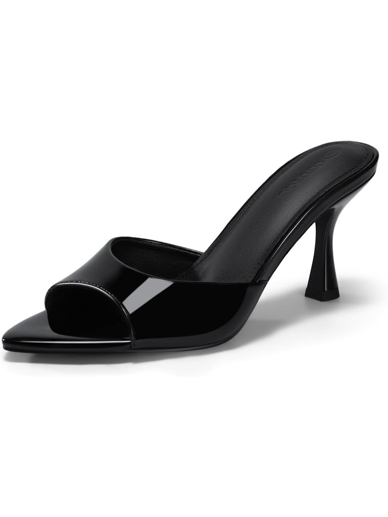 Women's Black Faux Leather Comfortable Slip On Backless Pointed Peep Toe Sandals